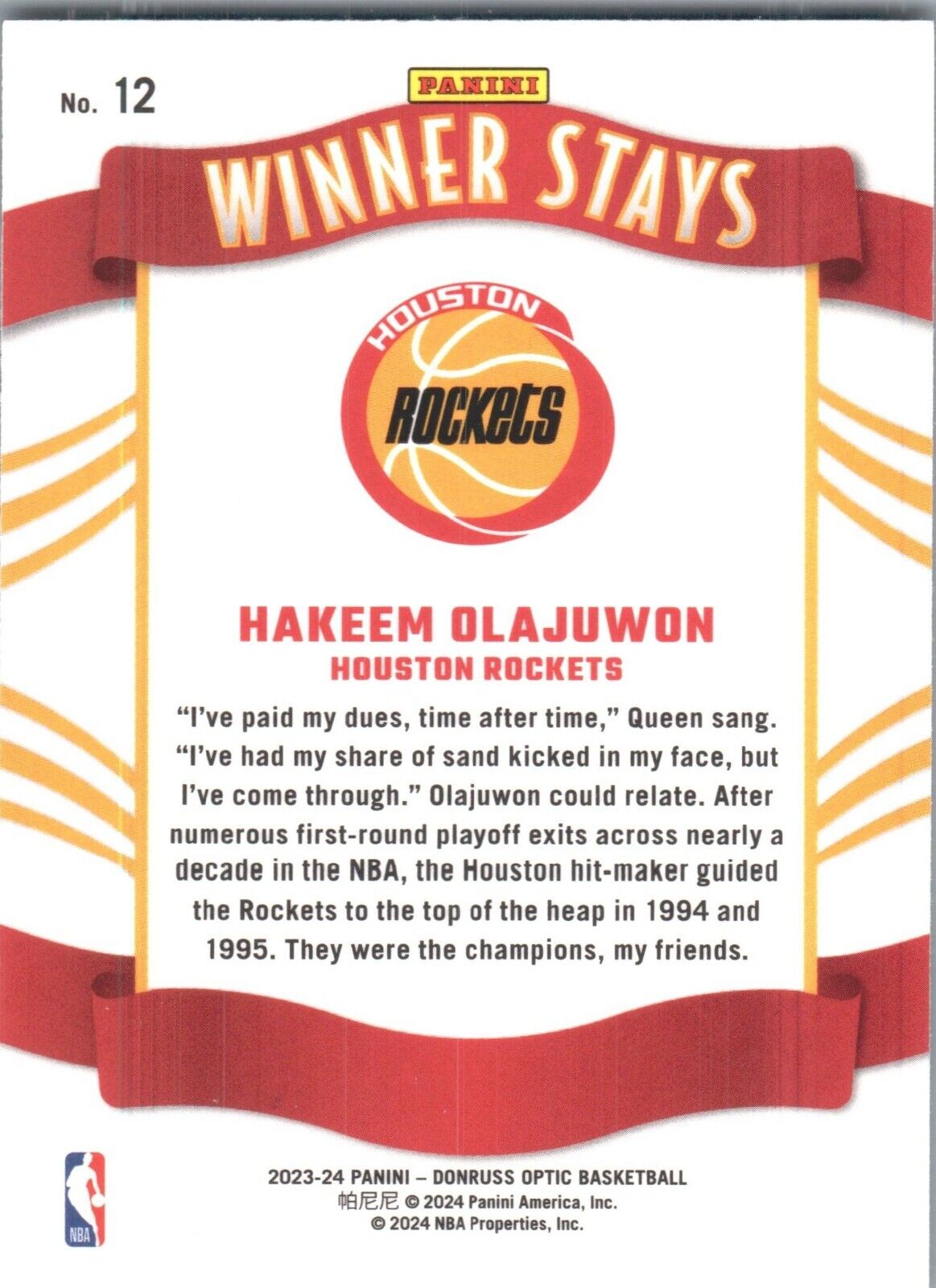 2023-24 Panini Donruss Optic - Winner Stays #12 Hakeem Olajuwon