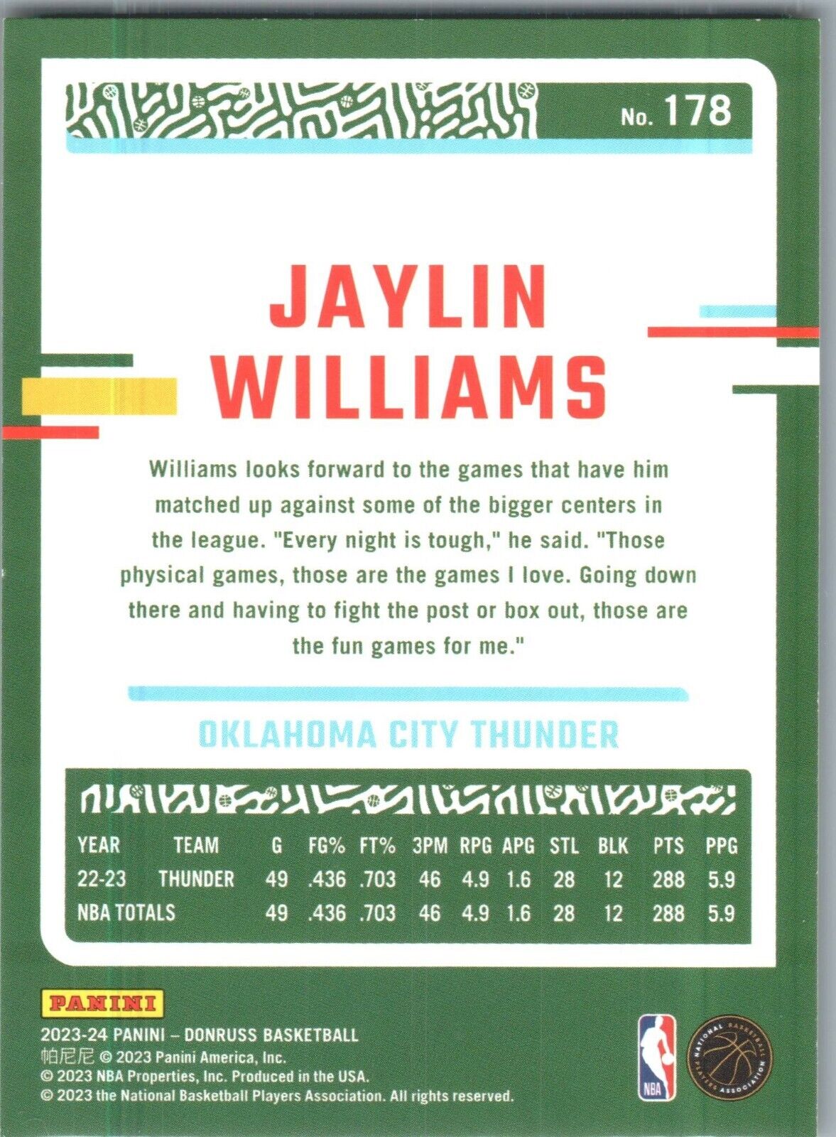 2023-24 Panini Donruss - #178 Jaylin Williams