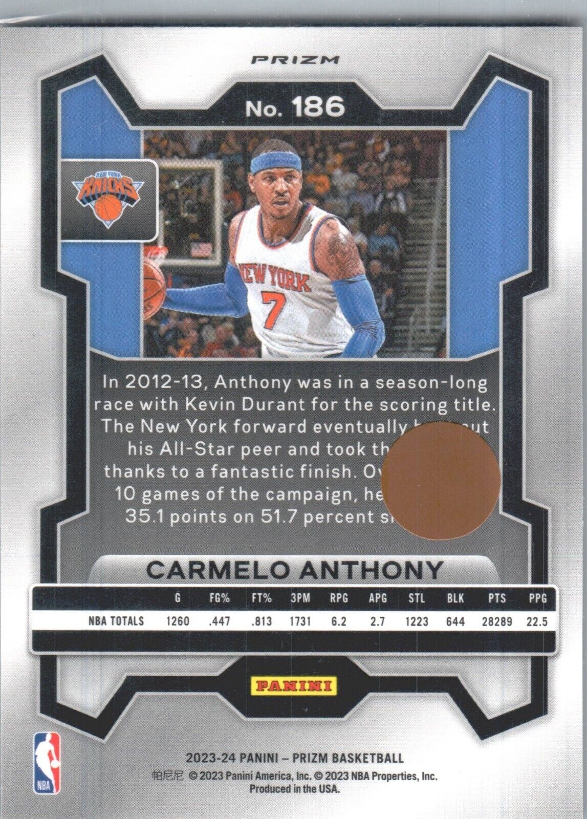 2023-24 Panini Prizm - Red Ice Prizm #186 Carmelo Anthony