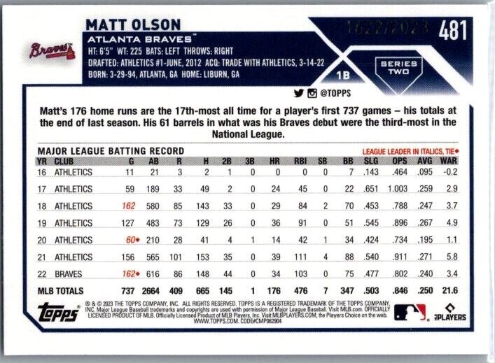 2023 Topps Series 2  Gold - #481 Matt Olson 1622/2023