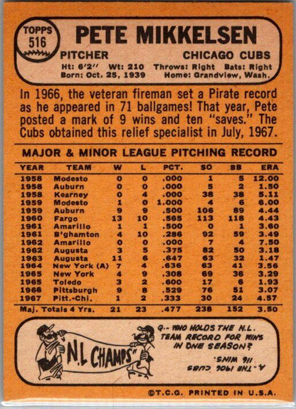 1968 Topps High Number #516 Pete Mikkelsen EX-NM