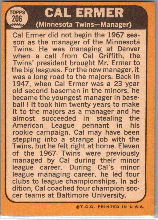 1968 Topps #206 Cal Ermer EX/NM