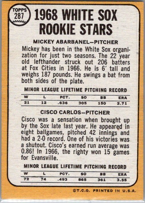 1968 Topps #287 White Sox 1968 Rookie Stars (Mickey Abarbanel / Cisco Carlos)