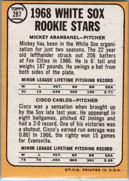 1968 Topps #287 White Sox 1968 Rookie Stars (Mickey Abarbanel / Cisco Carlos)