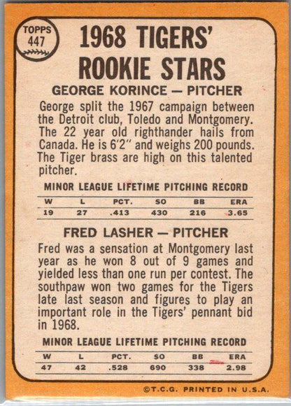 1968 Topps #447 Tigers 1968 Rookie Stars (George Korince / Fred Lasher)