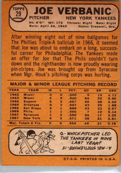 1968 Topps #29 Joe Verbanic VG-EX