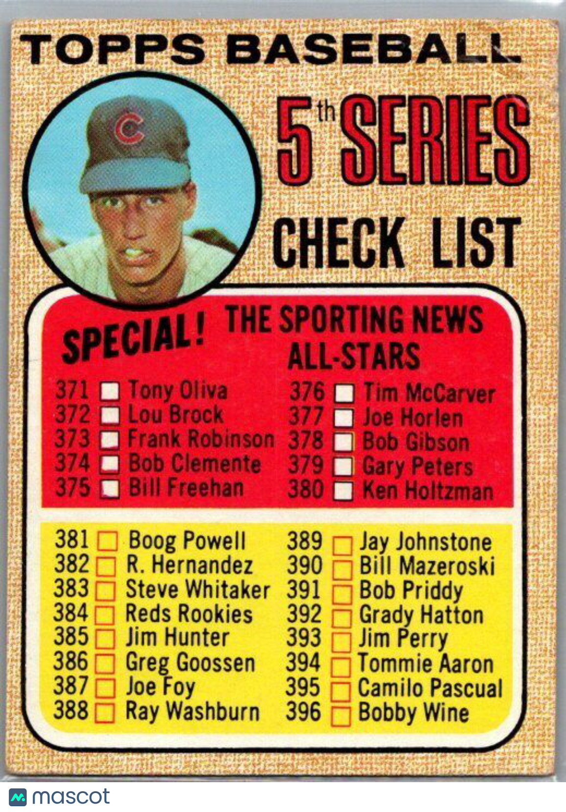 1968 Topps #356a 5th Series Checklist 371-457 (Ken Holtzman)