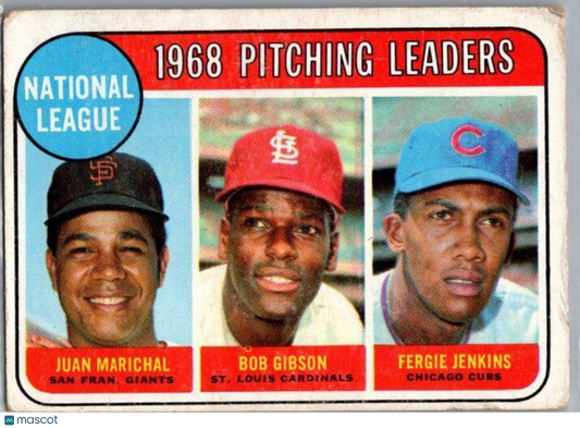 1969 Topps #10 NL 1968 Pitching Leaders Marichal Gibson Jenkins)