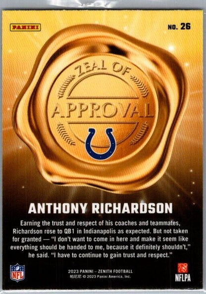 2023 Panini Zenith - Zeal of Approval #26 Anthony Richardson (RC)