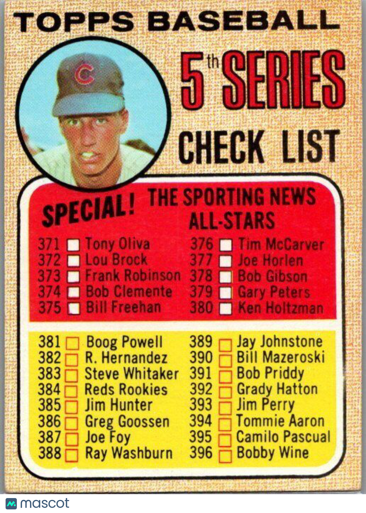 1968 Topps #356a 5th Series Checklist 371-457 (Ken Holtzman)