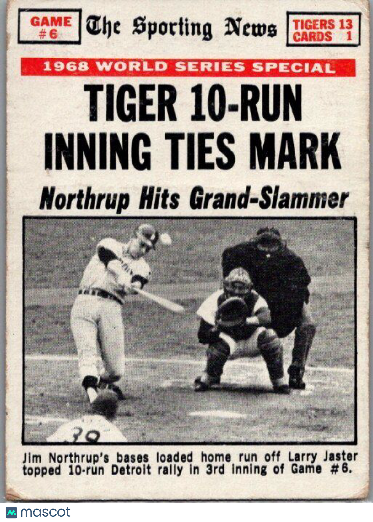 1969 Topps #167 World Series Game #6 - Tiger 10-Run Inning Ties Mark