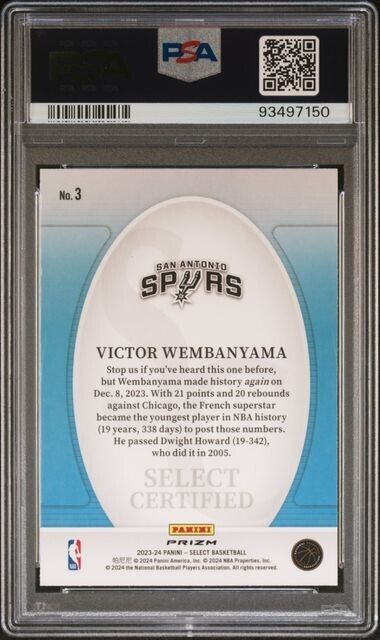 2023 Panini Select Certified Green #3 Victor Wembanyama PSA GEM MT 10