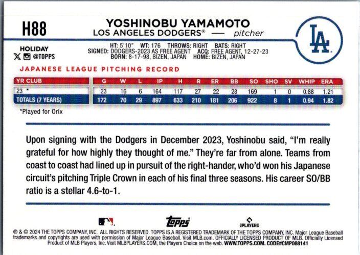 2024 Topps Holiday #H88 Yoshinobu Yamamoto Holiday Tree Blue Metallic