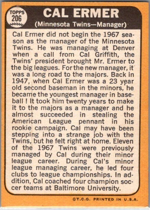 1968 Topps #206 Cal Ermer VG/EX