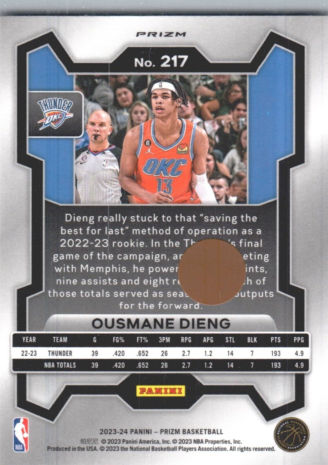 2023-24 Panini Prizm - Red Ice Prizm #217 Ousmane Dieng