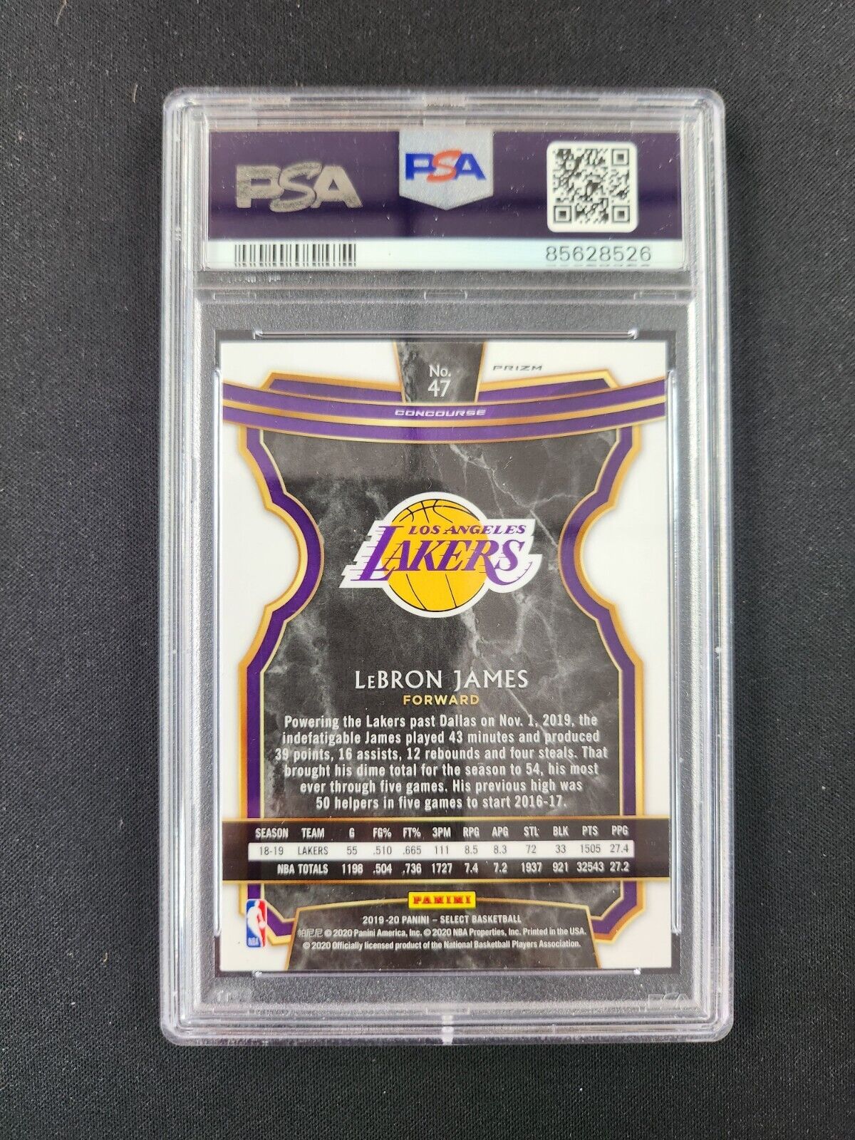 Lebron James 2019 Panini Select Silver Prizm #47 PSA 9 Concourse Level