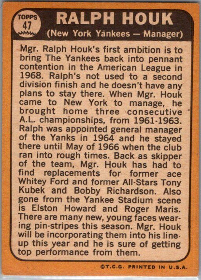 1968 Topps #47 Ralph Houk VG/EX