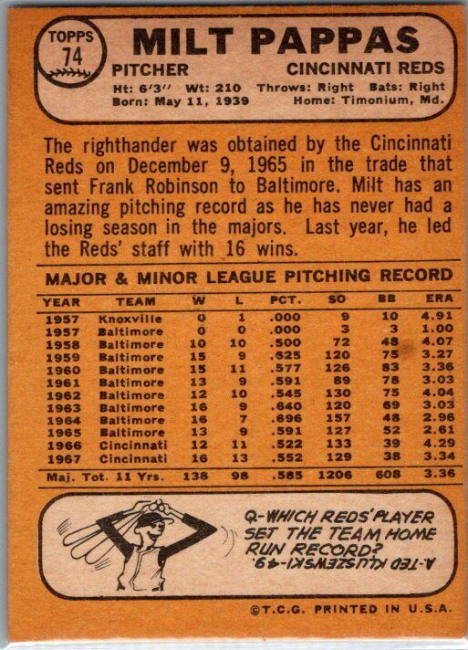 1968 Topps #74 Milt Pappas