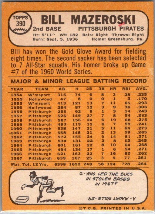 1968 Topps #390 Bill Mazeroski -EX/NM