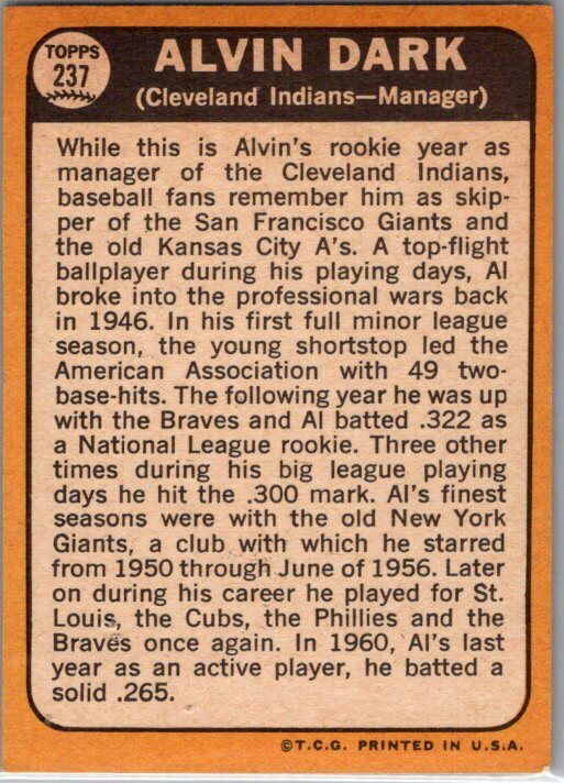 1968 Topps #237 Alvin Dark EX/NM