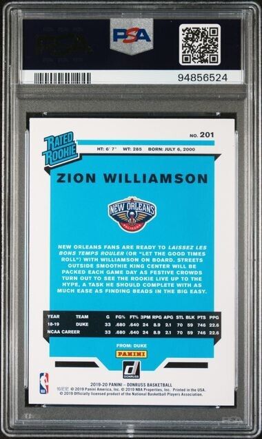 2019 Panini Donruss Green Flood #201 Zion Williamson PSA MINT 9