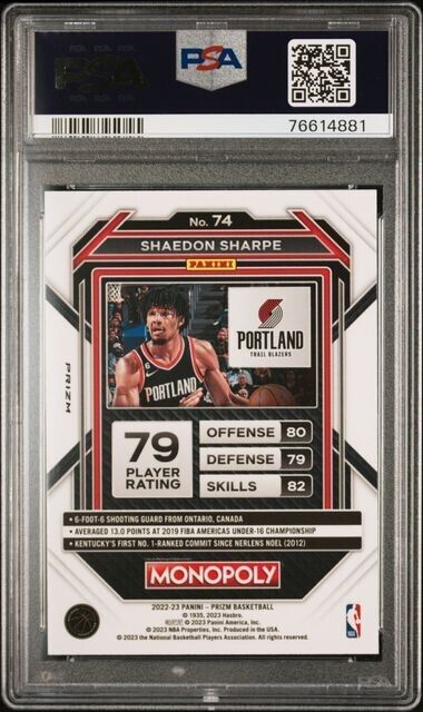 2022 Panini Prizm Monopoly Teal Wave #74 Shaedon Sharpe PSA GEM MT 10