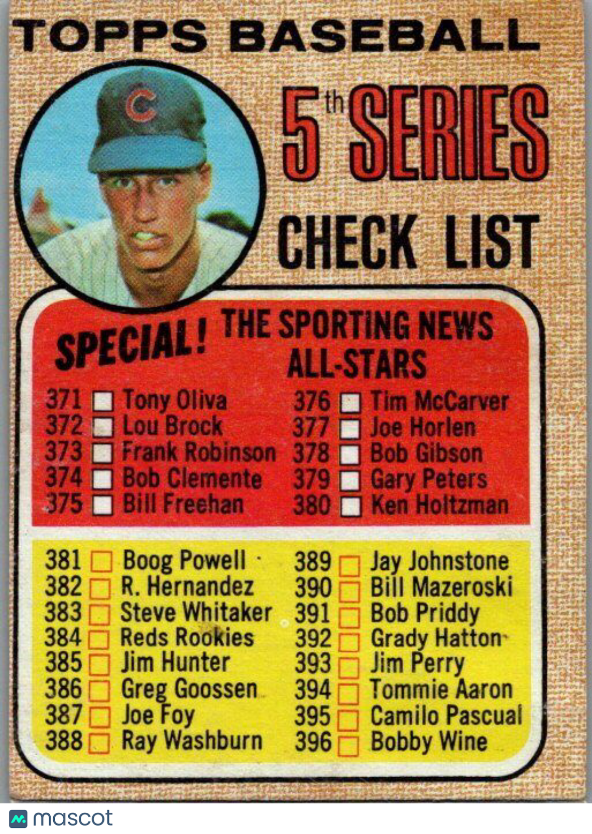 1968 Topps #356b 5th Series Checklist 371-457 (Ken Holtzman)