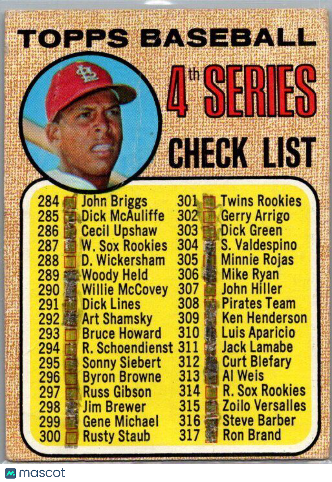 1968 Topps #278b 4th Series Checklist 284-370 (Orlando Cepeda) USED