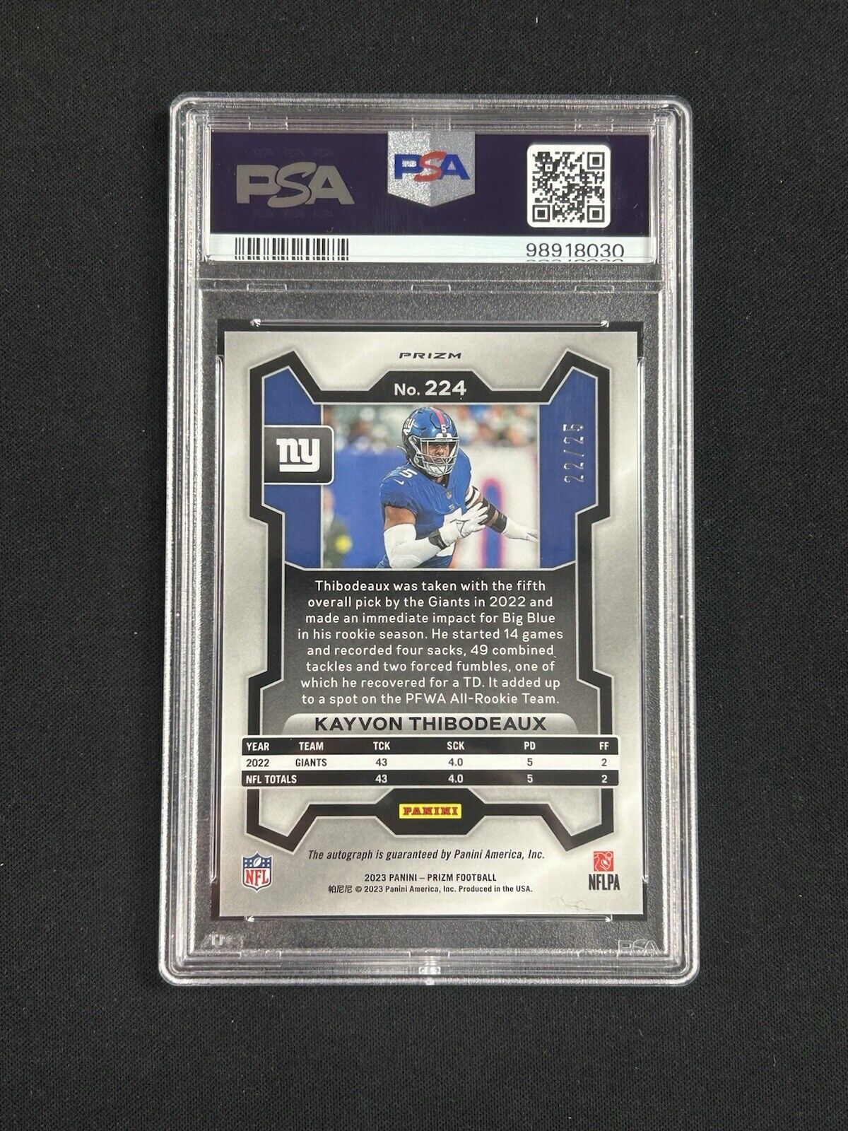 2023 Panini Prizm Blue Shimmer Auto Kayvon Thibodeaux /25 PSA 10